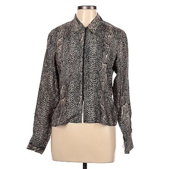 Newport News Silk Blouse, Tan & Black Reptile Print, Zipper front,100% Silk - Picture 1 of 7